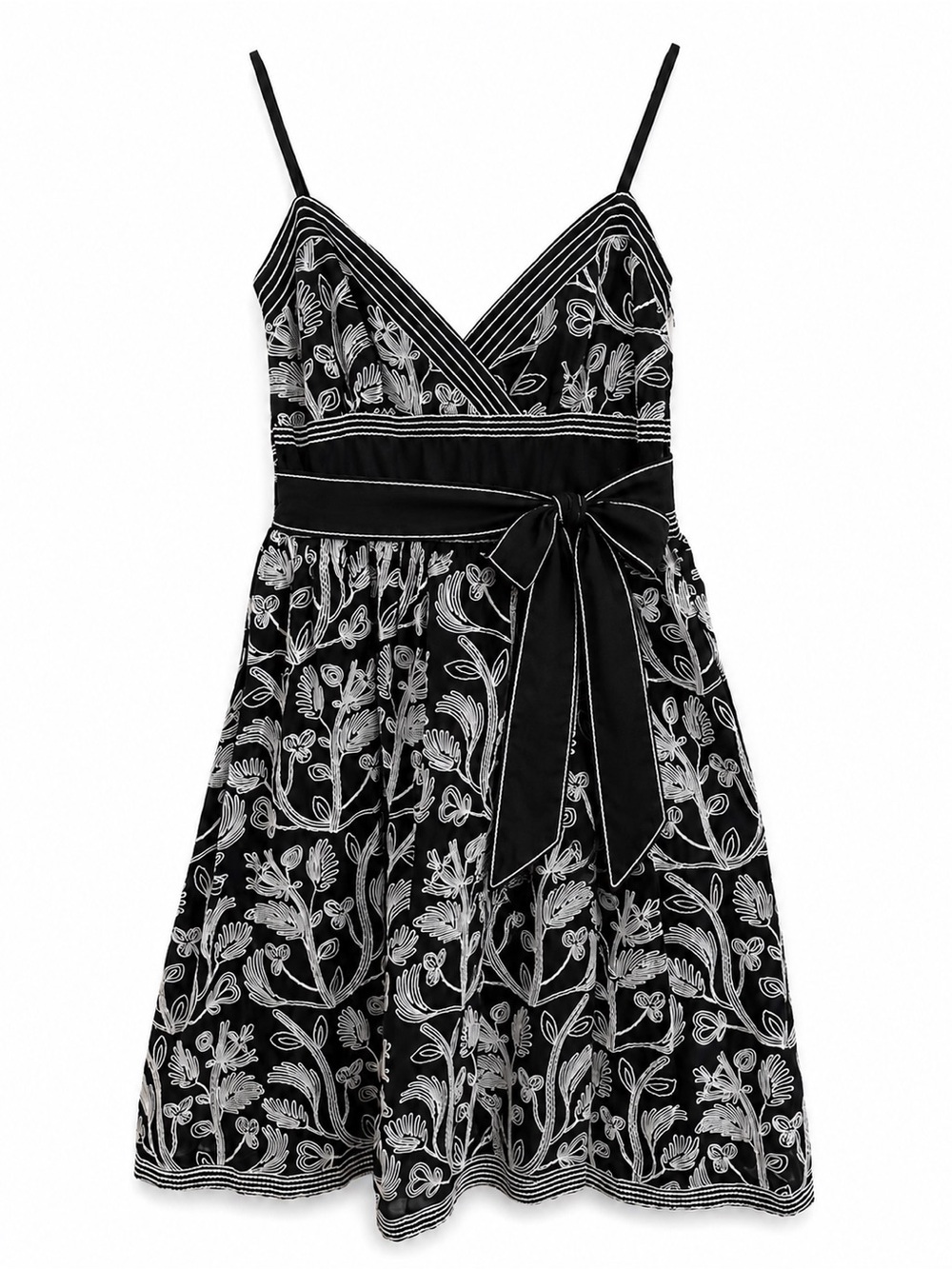 Studio M Petite Black White Embroidered Cotton Sundress SP Tie Waist Boho Sash - Picture 2 of 10